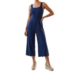 MONTEAU Navy Jumpsuit – Scalloped Neckline & Pants Hem, Medium, GUC